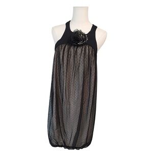 Zara Basic Black Polka Dot Overlay Dress Flower Detail‎ Party Cocktail